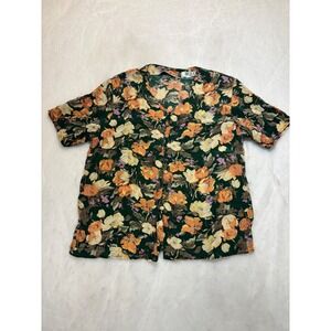 Vintage Silk‎ Floral Button Up Short Sleeve Blouse Green Orange Yellow